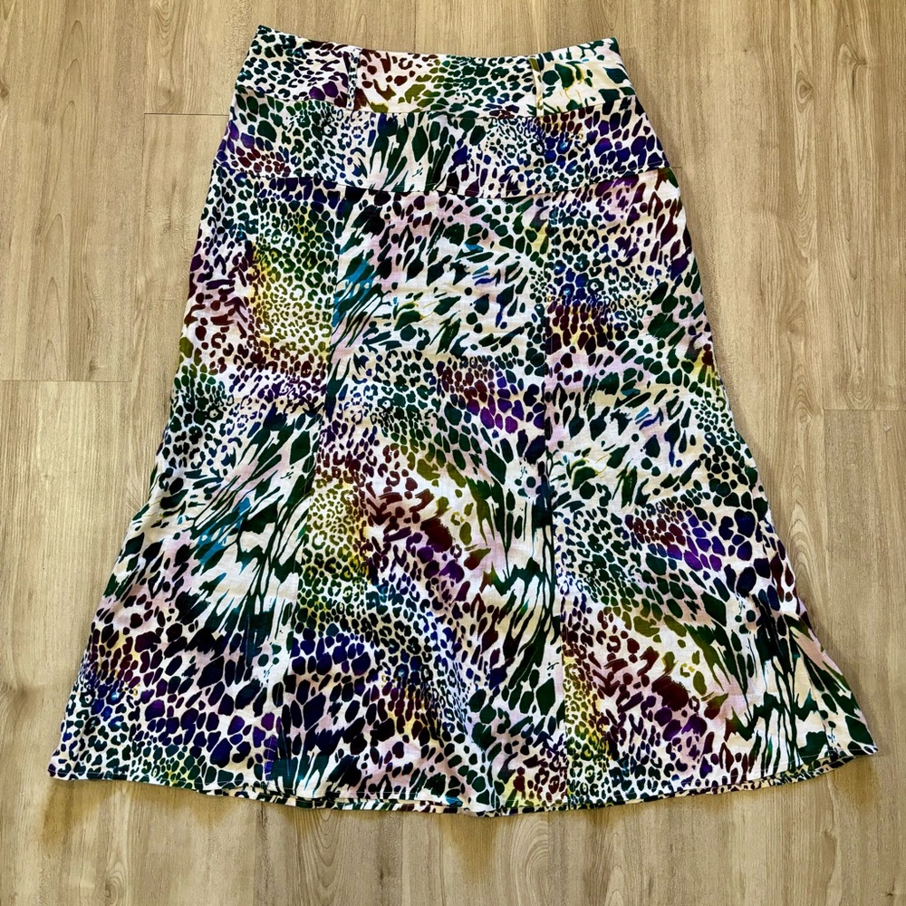 Richard Malcolm 100% Linen Midi a Line Skirt Animal Print Rainbow Womens Size 12